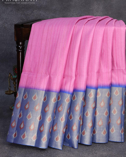 Semi matka saree pink and blue with plain body and zari woven ikat style border - {{ collection.title }} by Prashanti Sarees