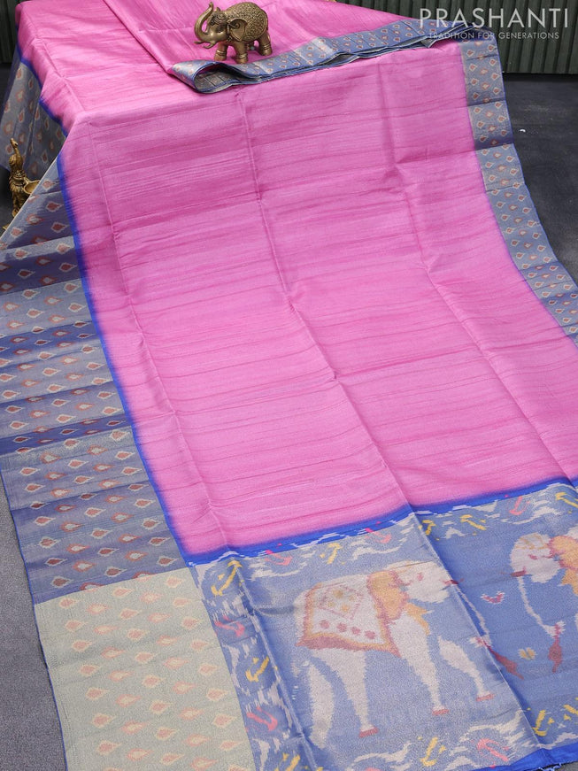 Semi matka saree pink and blue with plain body and zari woven ikat style border - {{ collection.title }} by Prashanti Sarees