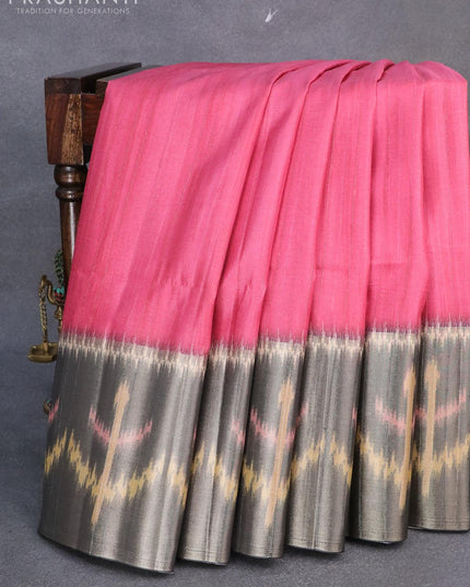 Semi matka saree pink and elephant grey with plain body and zari woven ikat style border - {{ collection.title }} by Prashanti Sarees