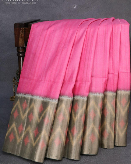 Semi matka saree pink and sap green shade with plain body and zari woven ikat style border - {{ collection.title }} by Prashanti Sarees