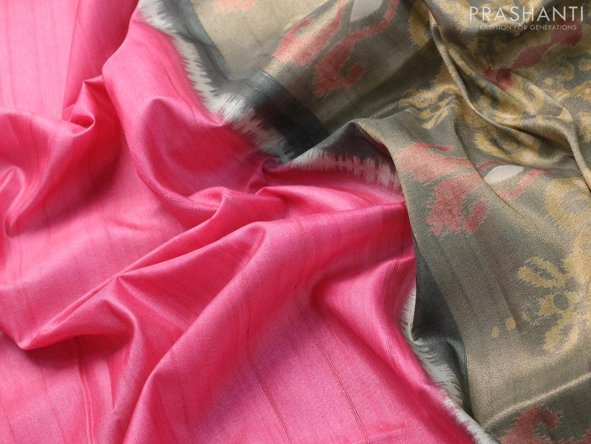 Semi matka saree pink and sap green shade with plain body and zari woven ikat style border - {{ collection.title }} by Prashanti Sarees