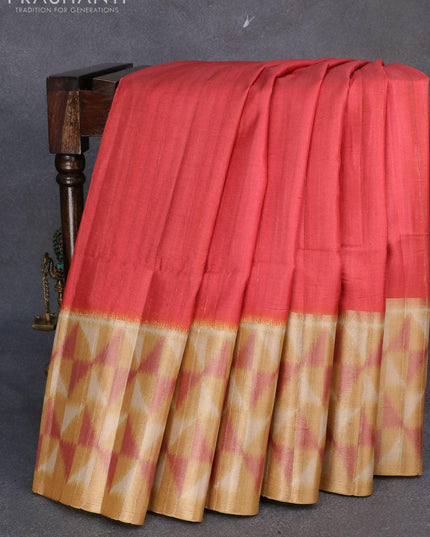 Semi matka saree reddish pink and mustard yellow with plain body and zari woven ikat style border - {{ collection.title }} by Prashanti Sarees