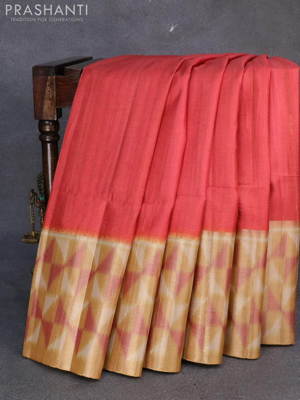 Semi matka saree reddish pink and mustard yellow with plain body and zari woven ikat style border - {{ collection.title }} by Prashanti Sarees
