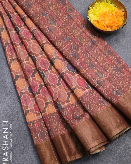 Semi matka saree rust shade and brown with allover geometric prints and zari woven border - {{ collection.title }} by Prashanti Sarees