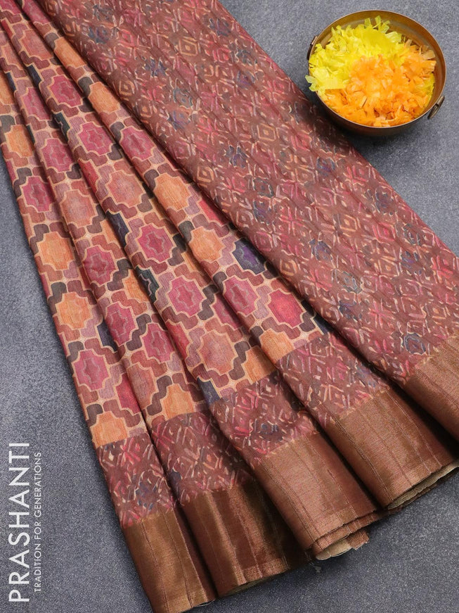 Semi matka saree rust shade and brown with allover geometric prints and zari woven border - {{ collection.title }} by Prashanti Sarees