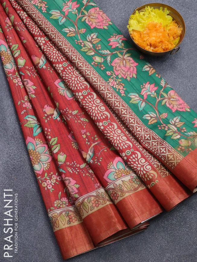Semi matka saree rustic orange with allover floral prints and zari woven border - {{ collection.title }} by Prashanti Sarees