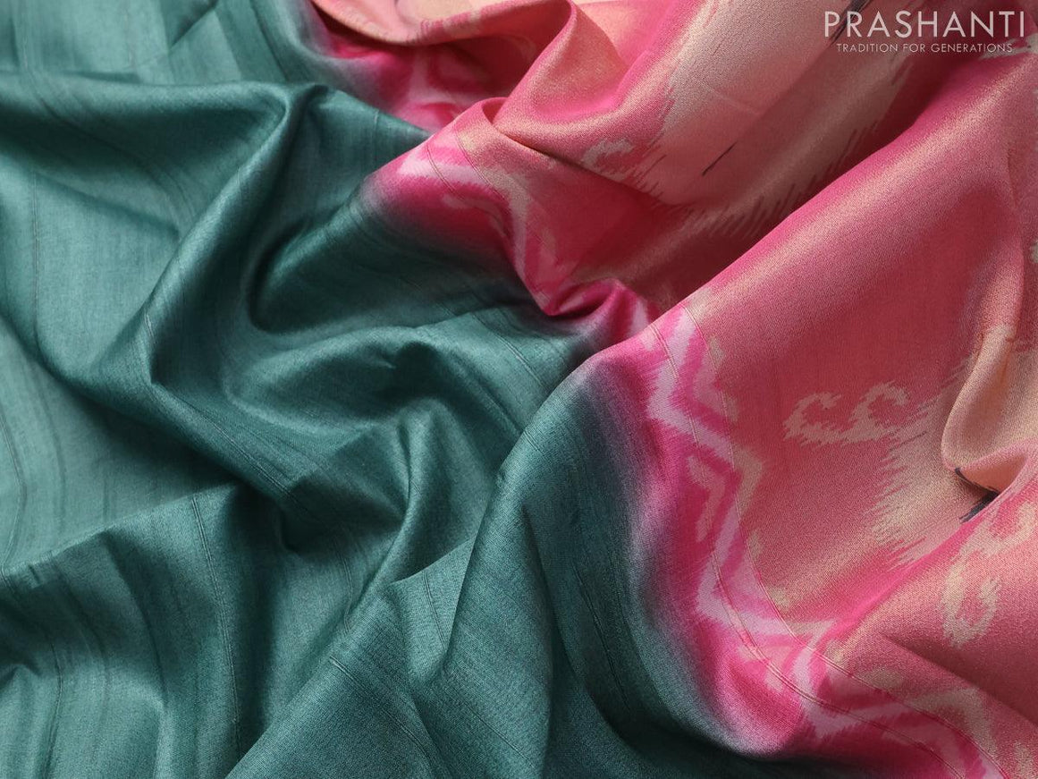 Semi matka saree sap green shade and pink with plain body and zari woven ikat style border - {{ collection.title }} by Prashanti Sarees