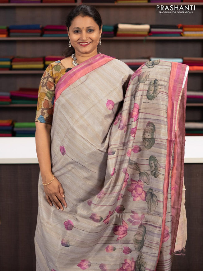 Semi matka saree steel grey and pastel pink with allover pichwai prints & french knot work and simple zari border and - {{ collection.title }} by Prashanti Sarees