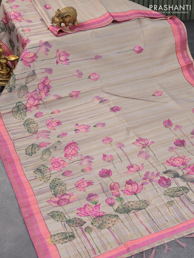 Semi matka saree steel grey and pastel pink with allover pichwai prints & french knot work and simple zari border and - {{ collection.title }} by Prashanti Sarees