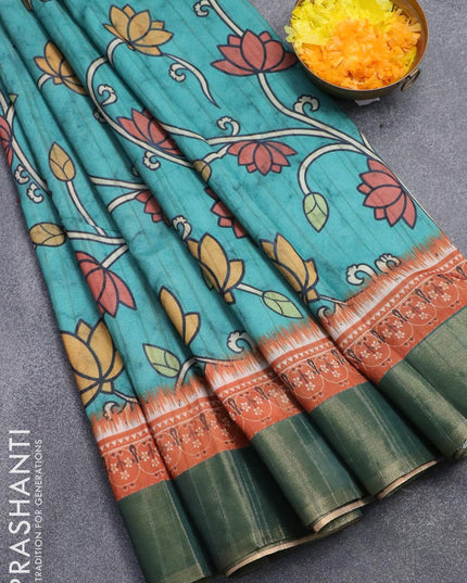 Semi matka saree teal blue and orange with allover floral prints and zari woven border - {{ collection.title }} by Prashanti Sarees