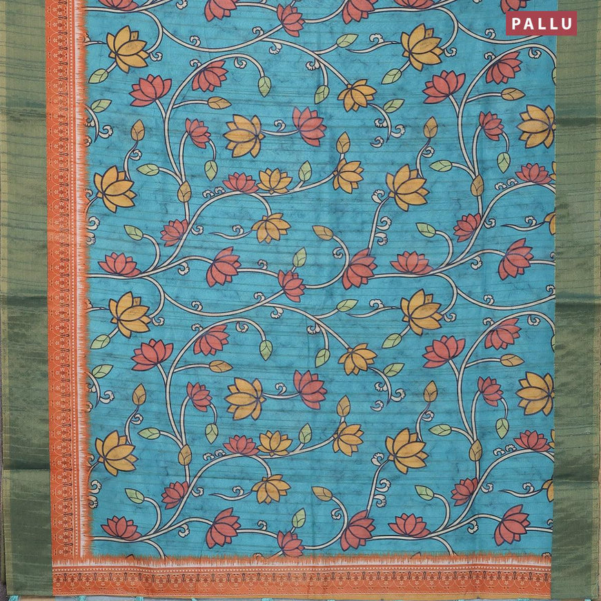 Semi matka saree teal blue and orange with allover floral prints and zari woven border - {{ collection.title }} by Prashanti Sarees