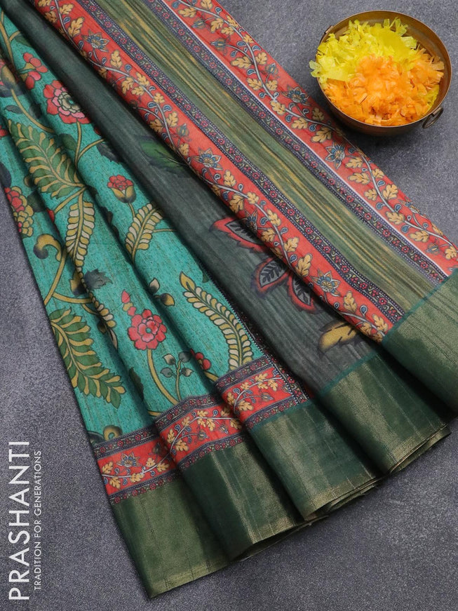 Semi matka saree teal blue and orange with allover kalamkari prints and zari woven border - {{ collection.title }} by Prashanti Sarees