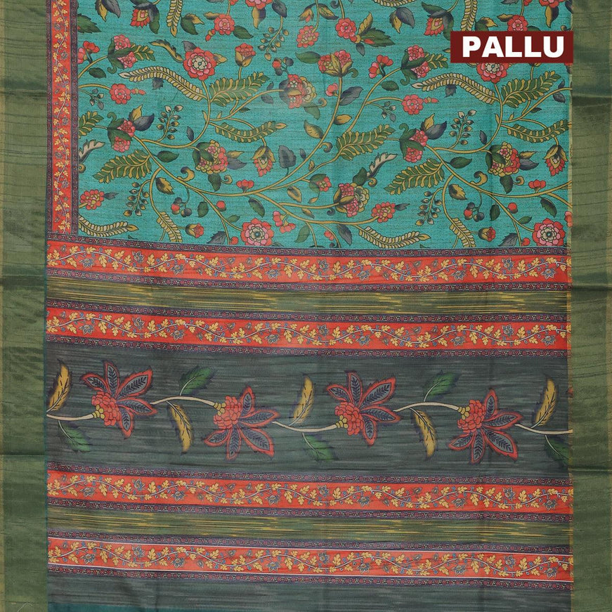 Semi matka saree teal blue and orange with allover kalamkari prints and zari woven border - {{ collection.title }} by Prashanti Sarees