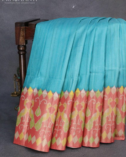 Semi matka saree teal blue shade and red with plain body and zari woven ikat style border - {{ collection.title }} by Prashanti Sarees