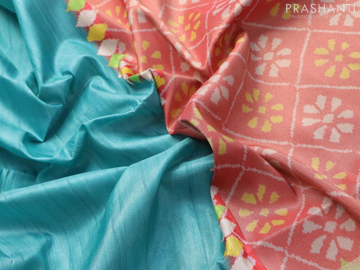 Semi matka saree teal blue shade and red with plain body and zari woven ikat style border - {{ collection.title }} by Prashanti Sarees