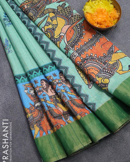 Semi matka saree teal green shade and blue with floral butta prints and zari woven border - {{ collection.title }} by Prashanti Sarees