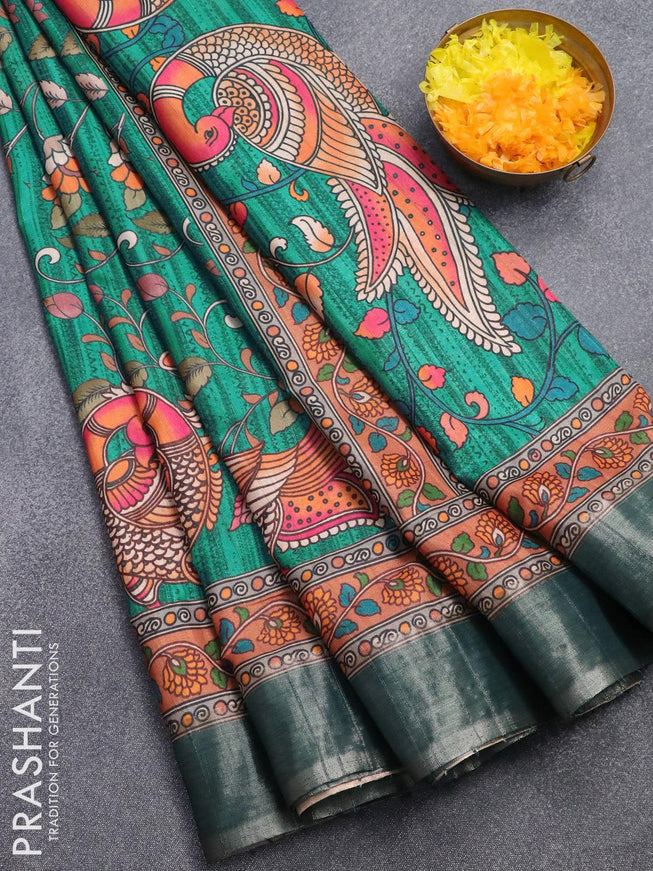 Semi matka saree teal green shade with allover kalamkari prints and zari woven border - {{ collection.title }} by Prashanti Sarees