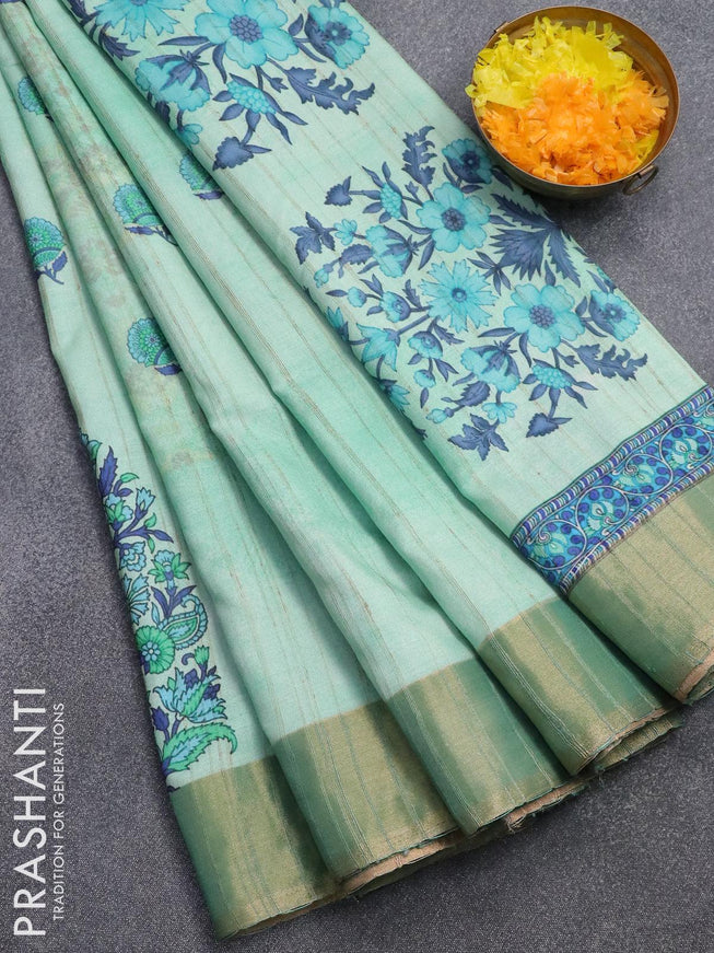 Semi matka saree teal green shade with floral butta prints and zari woven border - {{ collection.title }} by Prashanti Sarees