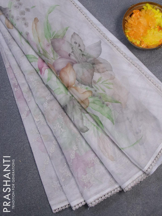 Semi orangza saree grey and with allover embroidery work & floral prints and crocia lace border - {{ collection.title }} by Prashanti Sarees