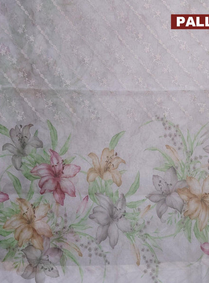 Semi orangza saree grey and with allover embroidery work & floral prints and crocia lace border - {{ collection.title }} by Prashanti Sarees