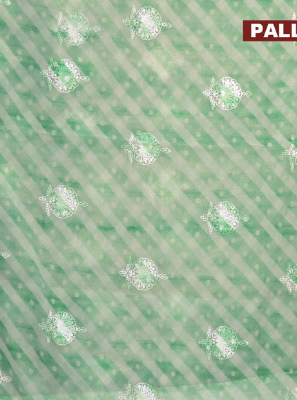 Semi orangza saree off white and green with allover ikat prints & embroidery buttas and crocia lace border - {{ collection.title }} by Prashanti Sarees