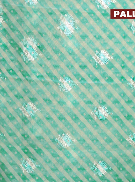 Semi orangza saree off white and teal blue with allover ikat prints & embroidery buttas and crocia lace border - {{ collection.title }} by Prashanti Sarees