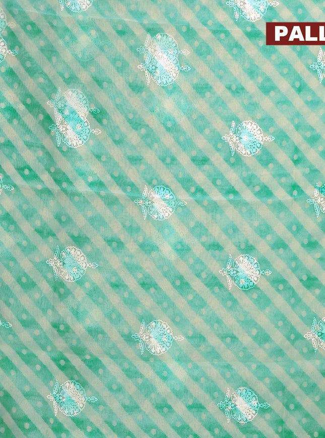 Semi orangza saree off white and teal blue with allover ikat prints & embroidery buttas and crocia lace border - {{ collection.title }} by Prashanti Sarees