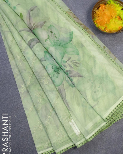 Semi orangza saree pista green and with allover embroidery work & floral prints and crocia lace border - {{ collection.title }} by Prashanti Sarees