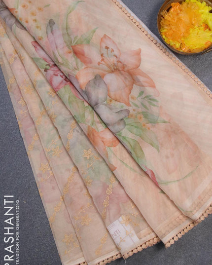 Semi orangza saree sandal and with allover embroidery work & floral prints and crocia lace border - {{ collection.title }} by Prashanti Sarees