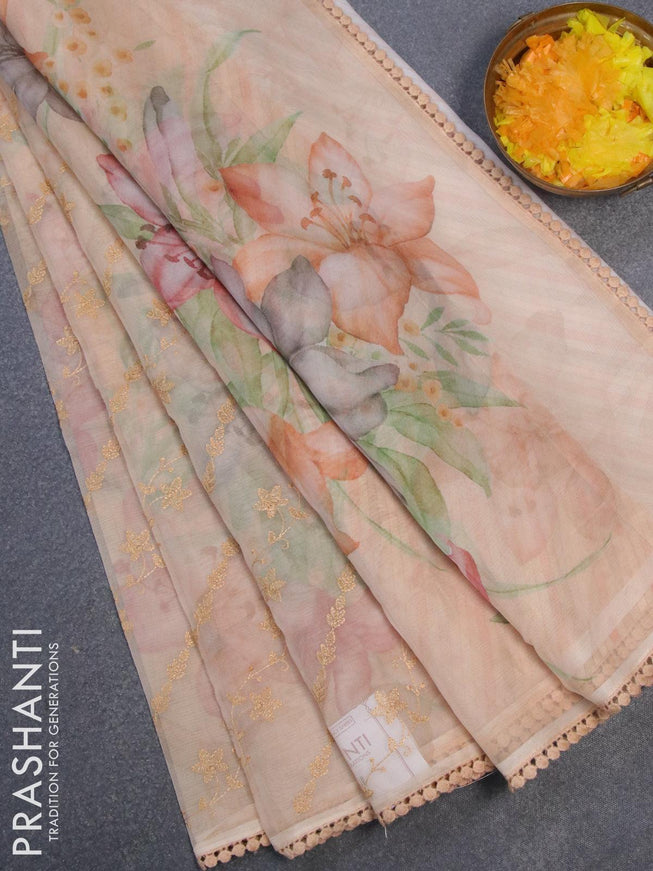 Semi orangza saree sandal and with allover embroidery work & floral prints and crocia lace border - {{ collection.title }} by Prashanti Sarees