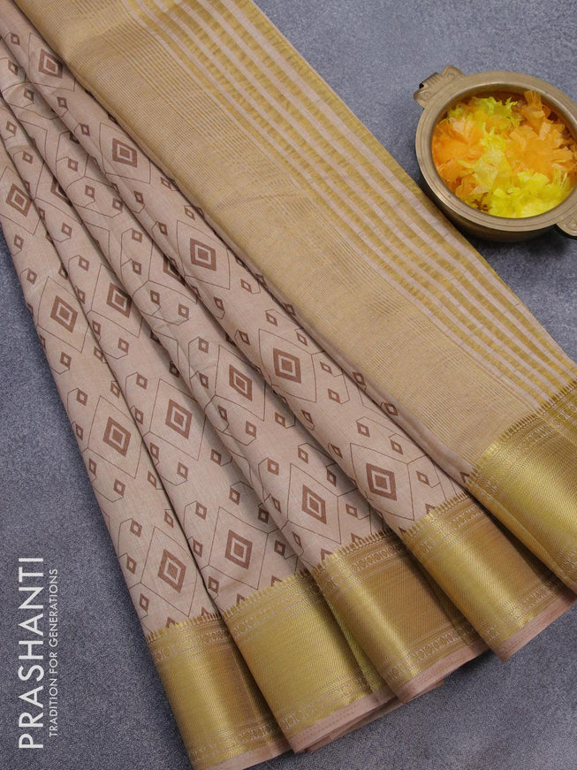 Semi raw silk saree beige with allover geometric prints and zari woven border - {{ collection.title }} by Prashanti Sarees