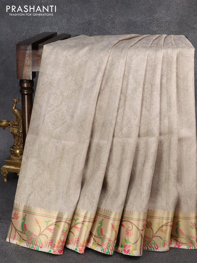 Semi raw silk saree beige with allover self emboss & digital prints and zari woven paithani border - {{ collection.title }} by Prashanti Sarees