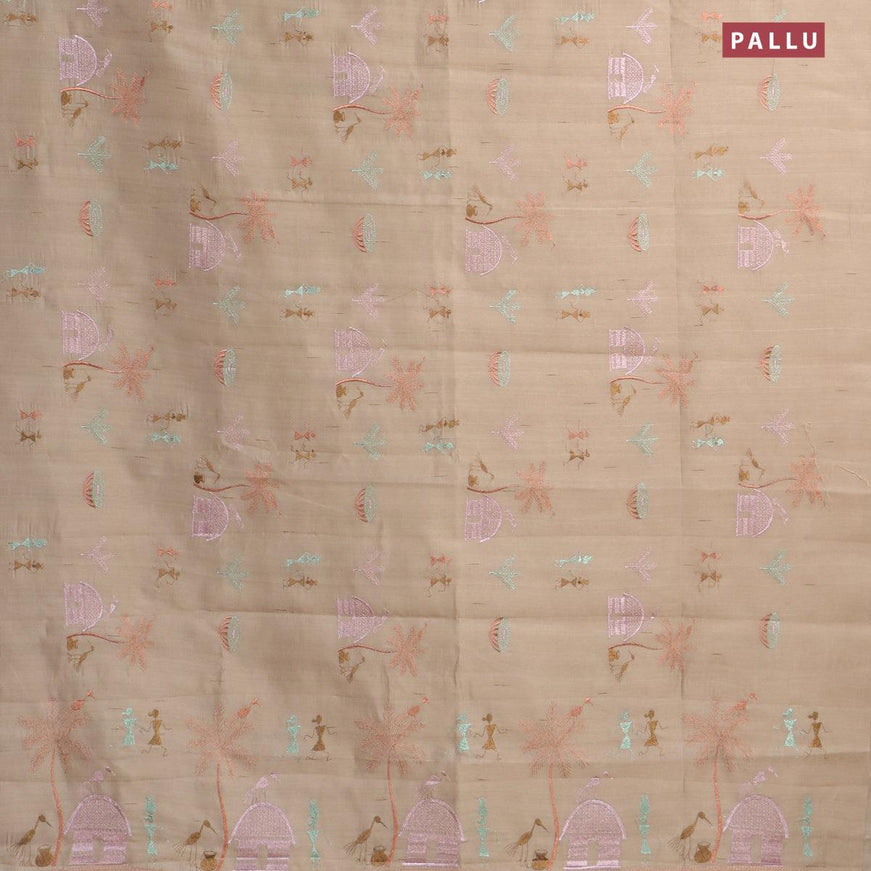 Semi raw silk saree beige with embroidery work buttas in borderless style - {{ collection.title }} by Prashanti Sarees