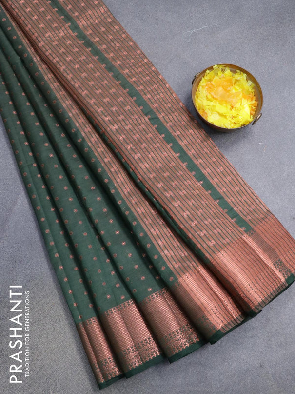 Semi raw silk saree bottle green with allover zari woven 1000 buttas and copper zari woven border - {{ collection.title }} by Prashanti Sarees