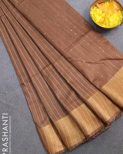 Semi raw silk saree brown shade with allover stripes pattern and sequin work pallu & embroidery work readymade blouse - {{ collection.title }} by Prashanti Sarees