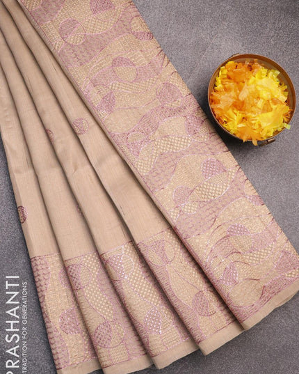 Semi raw silk saree chikku shade with embroidery work buttas and embroidery work border - {{ collection.title }} by Prashanti Sarees