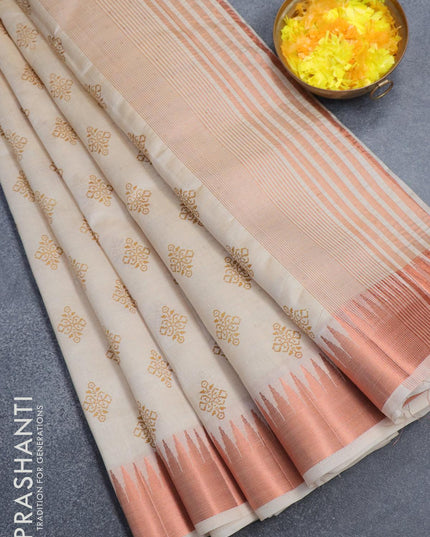 Semi raw silk saree cream with butta prints and temple design copper zari woven border - {{ collection.title }} by Prashanti Sarees