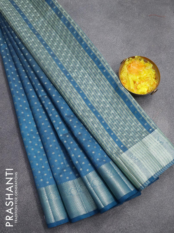 Semi raw silk saree cs blue with allover silver zari woven 1000 buttas and silver zari woven border - {{ collection.title }} by Prashanti Sarees