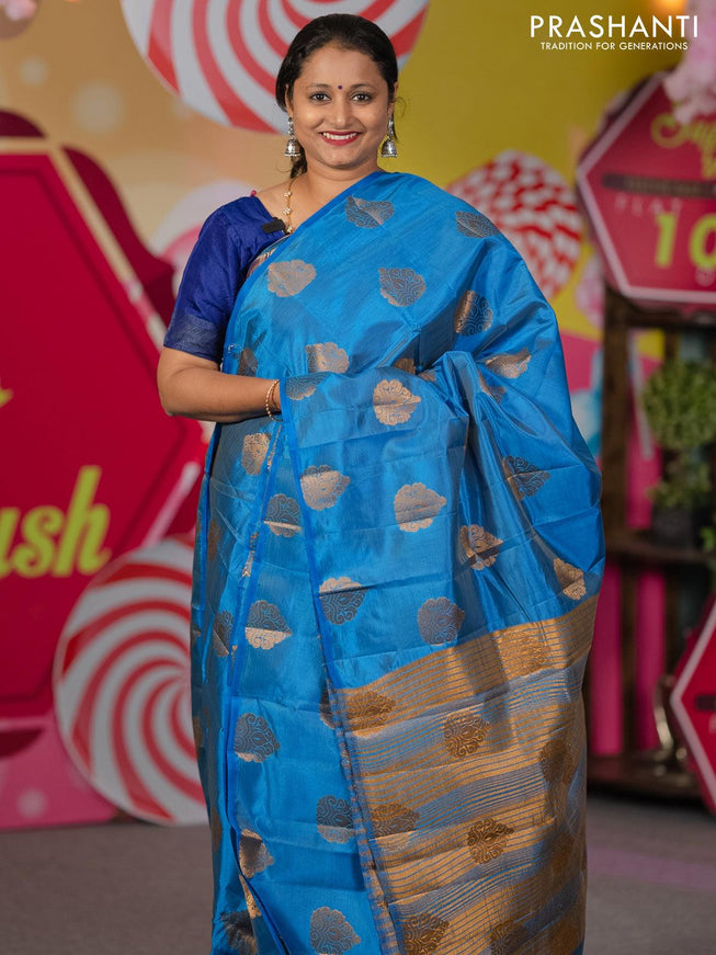 Semi raw silk saree cs blue with zari woven buttas in borderless style - {{ collection.title }} by Prashanti Sarees
