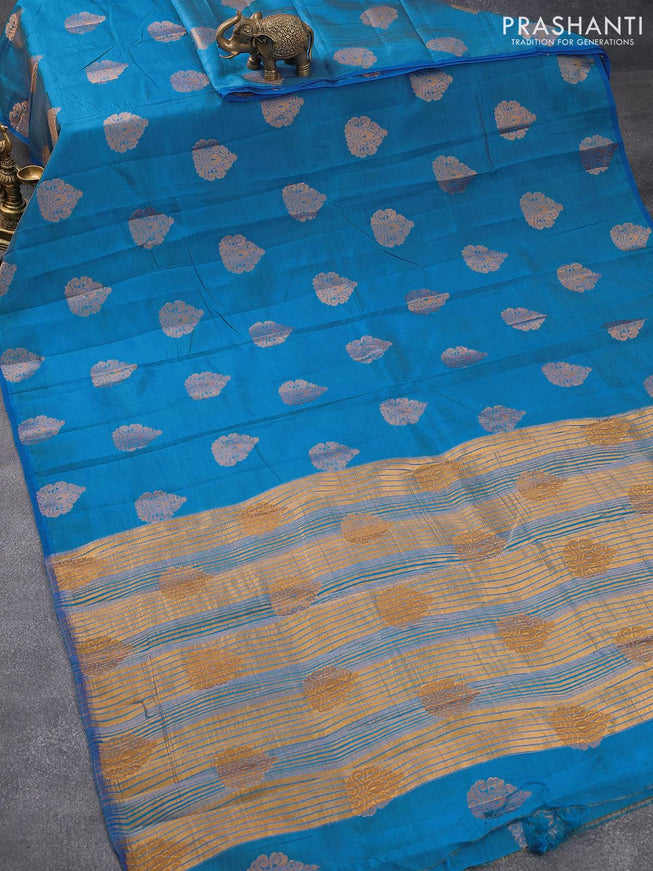 Semi raw silk saree cs blue with zari woven buttas in borderless style - {{ collection.title }} by Prashanti Sarees