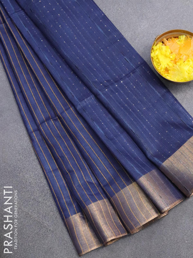 Semi raw silk saree dark blue with allover stripes pattern and sequin work pallu & embroidery work readymade blouse - {{ collection.title }} by Prashanti Sarees