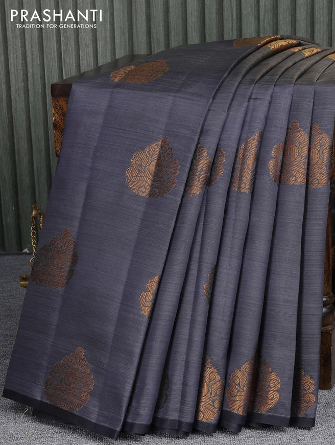 Semi raw silk saree dark blue with zari woven buttas in borderless style - CVF0386 - {{ collection.title }} by Prashanti Sarees