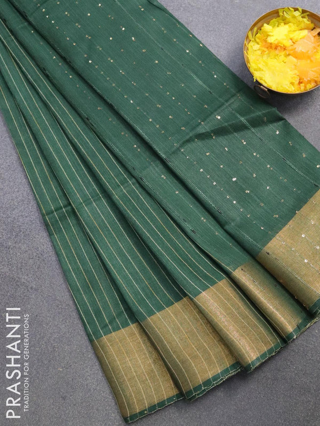 Semi raw silk saree dark green with allover stripes pattern and sequin work pallu & embroidery work readymade blouse - {{ collection.title }} by Prashanti Sarees