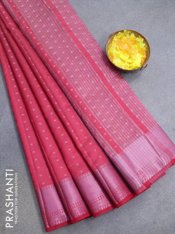 Semi raw silk saree dark pink with allover pink zari woven 1000 buttas and long pink zari woven border - {{ collection.title }} by Prashanti Sarees