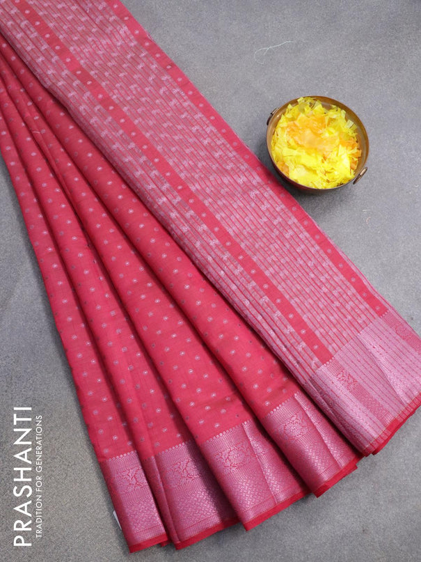 Semi raw silk saree dark pink with allover pink zari woven 1000 buttas and pink zari woven border - {{ collection.title }} by Prashanti Sarees