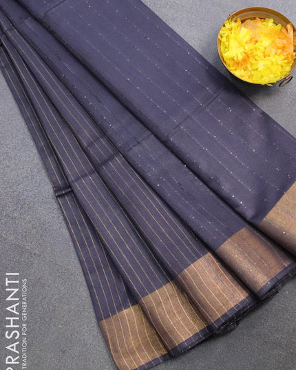 Semi raw silk saree elephant grey with allover stripes pattern and sequin work pallu & embroidery work readymade blouse - {{ collection.title }} by Prashanti Sarees