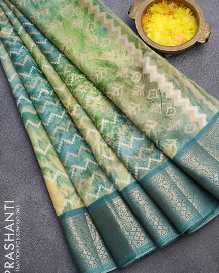 Semi raw silk saree green and blue shade with allover zig zag prints and zari woven border - {{ collection.title }} by Prashanti Sarees