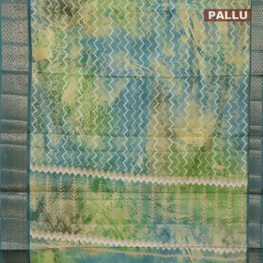 Semi raw silk saree green and blue shade with allover zig zag prints and zari woven border - {{ collection.title }} by Prashanti Sarees
