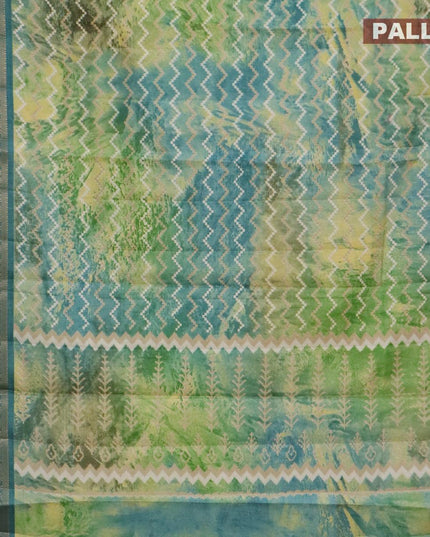 Semi raw silk saree green shade and blue shade with allover zig zag prints and zari woven border - {{ collection.title }} by Prashanti Sarees