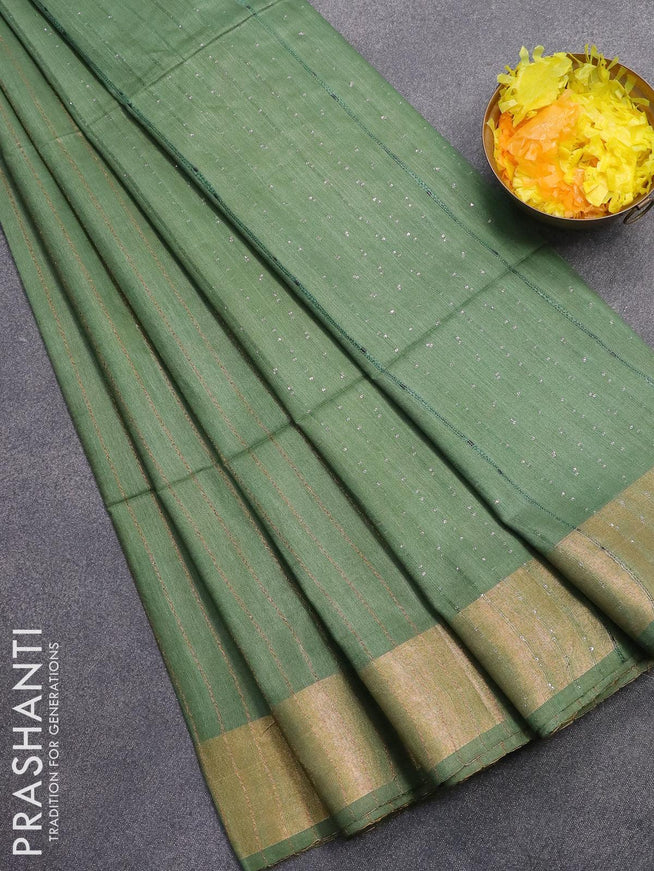 Semi raw silk saree green with allover stripes pattern and sequin work pallu & embroidery work readymade blouse - {{ collection.title }} by Prashanti Sarees